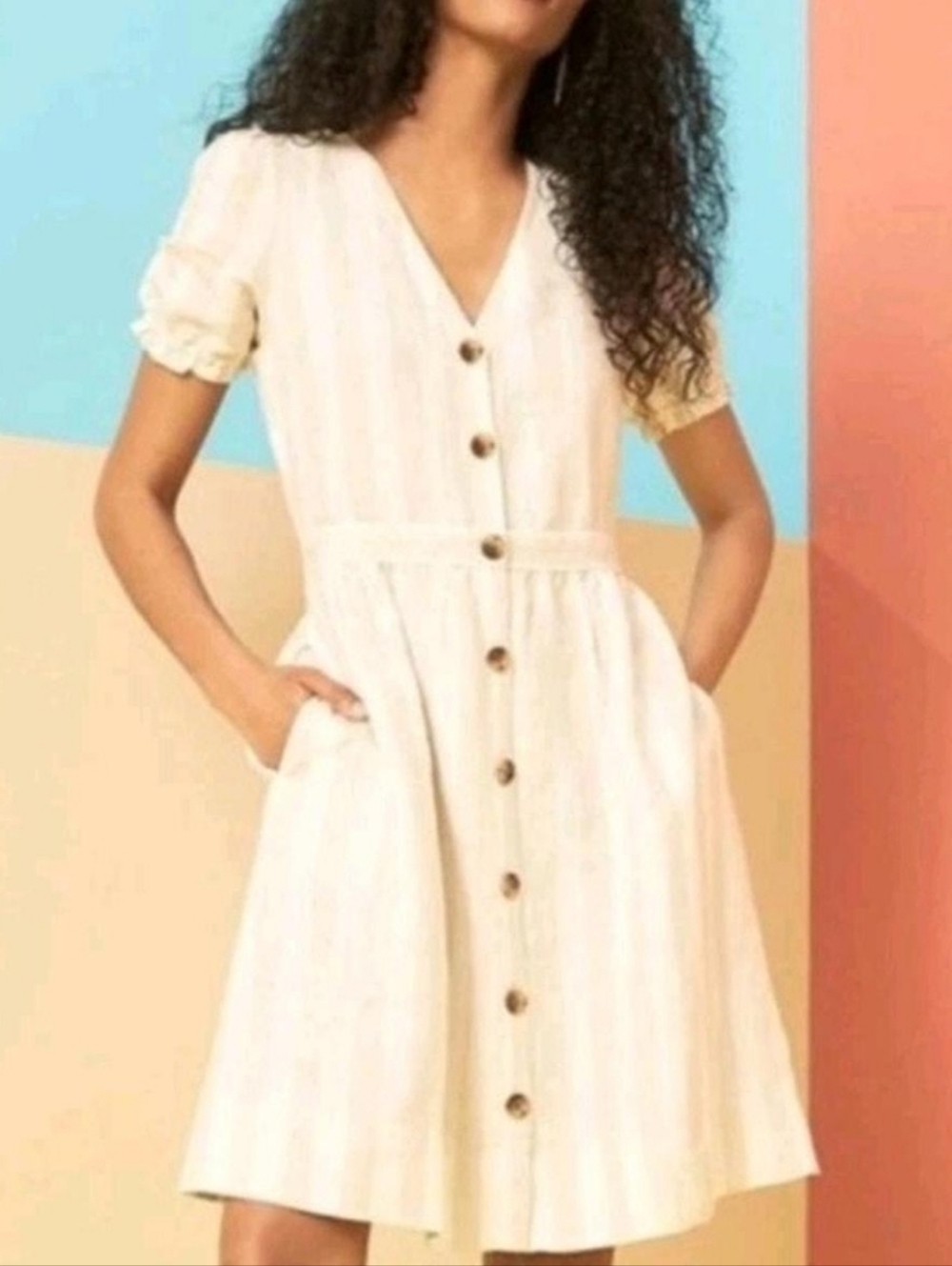 LOFT Tan Cream Striped V-Neck Linen Blend Puff Sleeve Button Front Dress Sz 14